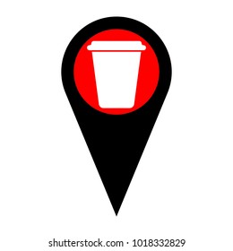 Dispossable coffee cup icon. Container. Vector. Flat white icon in red circle at black marker on white background. Isolated.