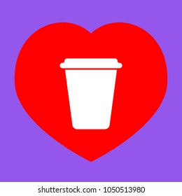 Dispossable coffee cup icon. Container. Vector. White icon in red heart at lavender background.