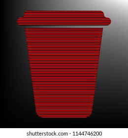 Dispossable coffee cup icon. Container. Vector. Striped red and black icon at gradient blackish background. Zebra.