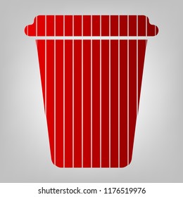 Dispossable coffee cup icon. Container. Vector. Vertically divided icon with colors from reddish gradient in gray background with light in center.