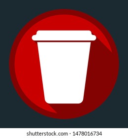 Dispossable coffee cup icon. Container. White icon with shadow on round red button at dark cyan background. Illustration.