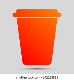 Dispossable coffee cup icon. Container. Vector. Orange, red-yellow icon with shadow on gray background.