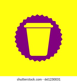 Dispossable coffee cup icon. Container. Vector. Violet label with hole as icon on yellow background.