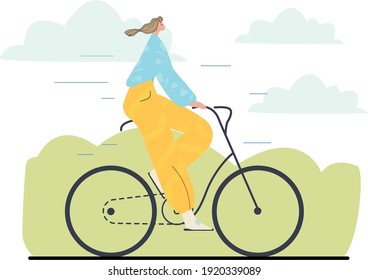 A disproportionate girl rides a bicycle in good weather. Great spring and summer postcard in bright colors. Adorable female bicyclist.