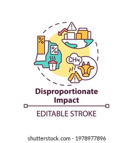 Disproportionate impact concept icon. Equaly idea thin line illustration. Vector isolated outline RGB color drawing. Unequal amount of harmful emissions into the atmosphere. Editable stroke