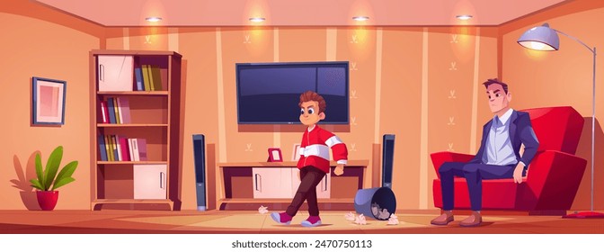 Dispute between son and father. Cartoon vector illustration of teen boy kicks and overturns wastebasket with crumpled papers and walks away from room where angry and embarrassed young man is sitting.