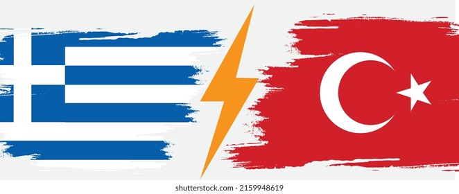 Dispute between Turkey and Greece. Tensions between Turkey and Greece. Turkish and Greek flag facing each other