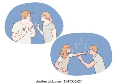 Dispute, conflict, stress, quarrel, abuse, misunderstanding concept. Displeased young couple having conflict during conversation, quarrelling and arguing with aggressive gestures between each other 