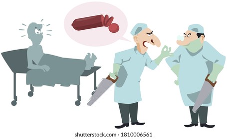 Dispute of doctors about operation. Two surgeons near patient. Illustration for internet and mobile website. 