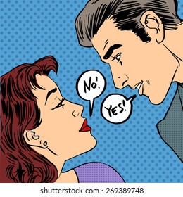 dispute men and women the woman says no and he says Yes pop art comics retro style Halftone. Imitation of old illustrations