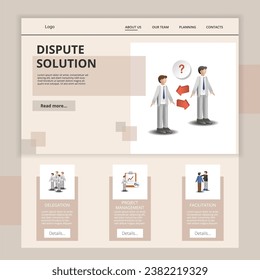 Dispute solution flat landing page website template. Delegation, project management, facilitation. Web banner with header, content and footer. Vector illustration.