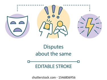 Disputes about same concept icon. Different opinions, matter of perspective idea thin line illustration. Tragedy mask, arguing people and lightning vector isolated outline drawing. Editable stroke