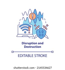 Disruption and destruction concept icon. Jamming signal. Information warfare tactic abstract idea thin line illustration. Isolated outline drawing. Editable stroke. Arial, Myriad Pro-Bold fonts used