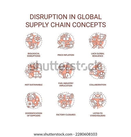 Disruption in global supply chain terracotta concept icons set. International logistics idea thin line color illustrations. Isolated symbols. Editable stroke. Roboto-Medium, Myriad Pro-Bold fonts used