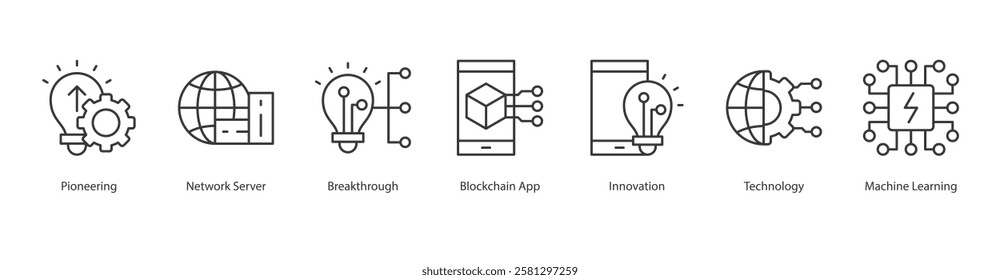 Disruption Outline Icon Sheet Pioneering, Network Server, Breakthrough, Blockchain App, Innovation, Technology, Machine Learning