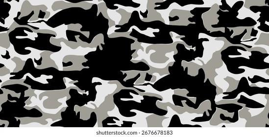 Um padrão de camuflagem perturbador de formas bege, cinza, preto e branco entrelaçadas cria uma textura robusta e abstrata projetada para ocultação com uma borda urbana moderna.