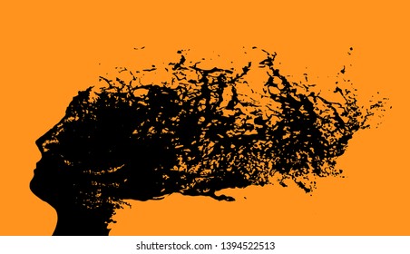 Disruptive and creative mind process. Human head particle dispersion. Vector illustration