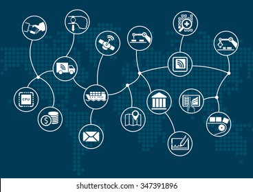 Disruptive Digital Business And Industrial Internet Of Things (industry 4.0) Concept. Dark Information Technology Background With World Map.