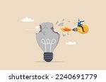 Disruptive innovation, entrepreneur to start new business with revolutionary idea, change industry and win competition concept, business riding flying lightbulb idea breaking old technology company.