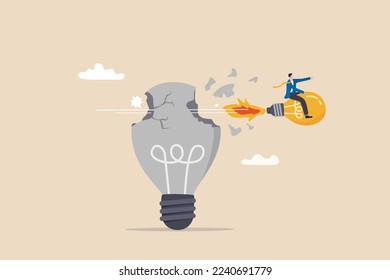 Disruptive innovation, entrepreneur to start new business with revolutionary idea, change industry and win competition concept, business riding flying lightbulb idea breaking old technology company.