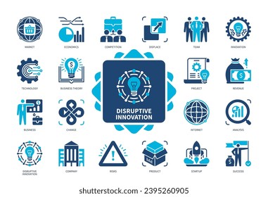 Disruptive Innovation icon set. Technology, Business Theory, Market, Competition, Displace, Startup, Project, Revenue. Duotone color solid icons