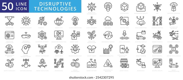 Disruptive technologies icon set with ai, innovation, blockchain, augmented reality, internet of things, machine learning, 3d printing, quantum computing, autonomous vehicle, and biotechnology