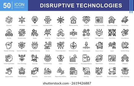 Disruptive Technologies icon set with ai, innovation, blockchain, augmented reality, internet of things, machine learning, 3d printing, quantum computing, autonomous vehicle, and biotechnology.