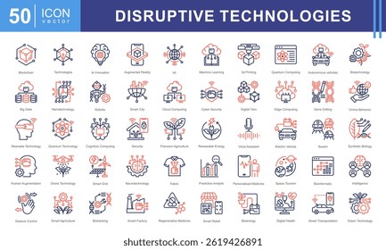 Disruptive Technologies icon set with ai, innovation, blockchain, augmented reality, internet of things, machine learning, 3d printing, quantum computing, autonomous vehicle, and biotechnology.