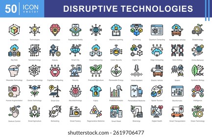 Disruptive Technologies icon set with ai, innovation, blockchain, augmented reality, internet of things, machine learning, 3d printing, quantum computing, autonomous vehicle, and biotechnology.