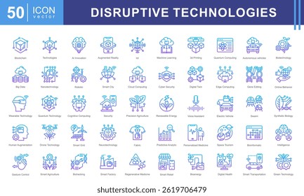 Disruptive Technologies icon set with ai, innovation, blockchain, augmented reality, internet of things, machine learning, 3d printing, quantum computing, autonomous vehicle, and biotechnology.