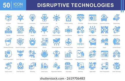 Disruptive Technologies icon set with ai, innovation, blockchain, augmented reality, internet of things, machine learning, 3d printing, quantum computing, autonomous vehicle, and biotechnology.