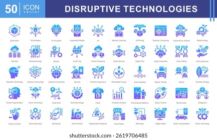 Disruptive Technologies icon set with ai, innovation, blockchain, augmented reality, internet of things, machine learning, 3d printing, quantum computing, autonomous vehicle, and biotechnology.