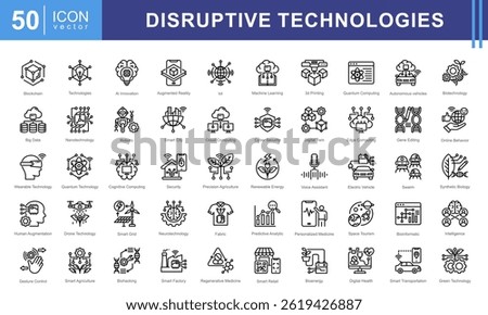Disruptive Technologies icon set with ai, innovation, blockchain, augmented reality, internet of things, machine learning, 3d printing, quantum computing, autonomous vehicle, and biotechnology.