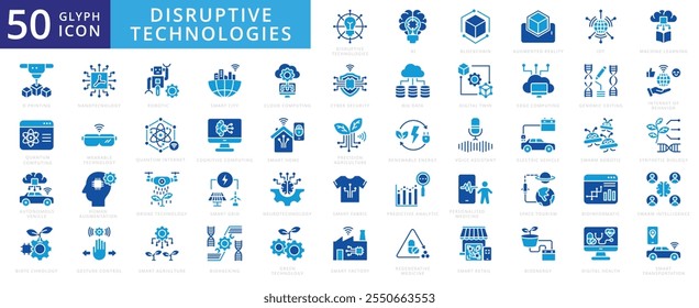 Disruptive technologies icon set with city, agriculture, fabric, factory, cloud computing, cyber security, retail, big data, transportation, biotechnology, blockchain, iot, and renewable energy