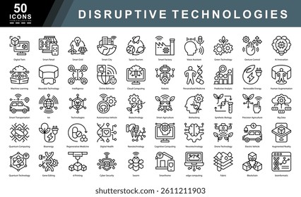 Disruptive Technologies outline icon set featuring AI, biotech, smart systems, quantum tech, and robotics. Ideal for innovation, future trends, digital transformation, and tech focused visuals.