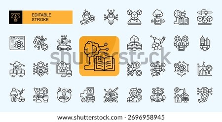 Disruptive Technologies set of web icons in line style. Containing technology, Innovation, Disruptive technology, Augmented Reality, IoT, Machine Learning, Quantum Computing, Biotechnology and more