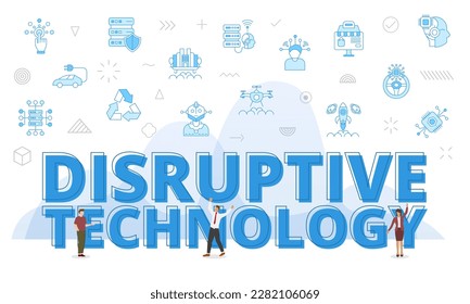 concepto de tecnología disruptiva con palabras grandes y personas rodeadas de ícono relacionado con estilo de color azul