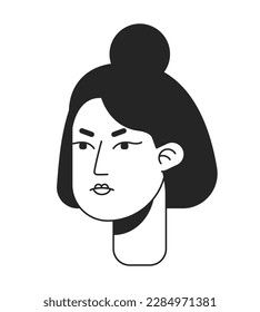 Dissappointed woman with knot bun monochromatic flat vector character head. Black white avatar icon. Editable cartoon portrait. Handdrawn ink spot illustration for web graphic design, animation