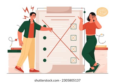 Dissatisfaction of boss. Man and woman next to sheet with outstanding tasks. Inefficient workflow and poor time management. Angry furious superior. Cartoon flat vector illustration