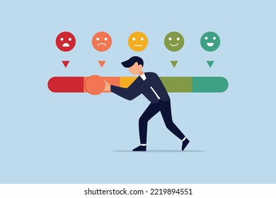 Dissatisfaction, dislike or negative feedback. man pushing rating bar to dissatisfaction level.