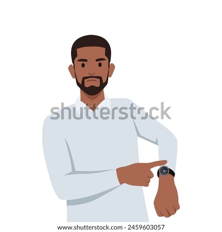 Dissatisfied black man shows on the clock. Hurry up. Deadline. Flat vector isolated on white background