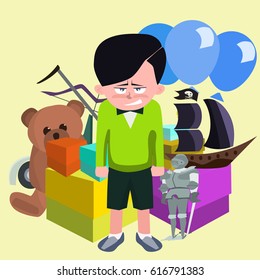 dissatisfied boy against pile of children's gifts - funny vector cartoon illustration