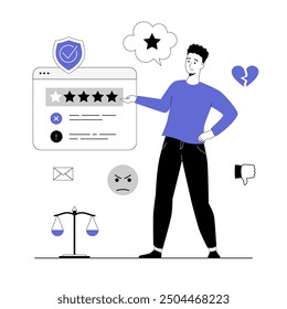 Dissatisfied customer, bad feedback. Customer gives one star, bad review on the website. Vector illustration with line people for web design.	
