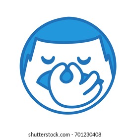 dissatisfied emoticon pinches his nose in disgust because something smells bad, simplistic facial expression vector illustration, circle or ball shaped cartoon character, hand drawn linear icon