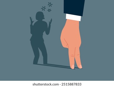 Mujer insatisfecha de pie con sombra gritando loca con expresión agresiva y brazos levantados. Concepto de frustración. Ilustración vectorial moderna en estilo plano