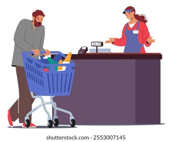 Dissatisfied man customer feeling angry demonstrating rudeness behavior due to problem with market service. Confused unhappy woman cashier troubled with payment system and internet bank connection