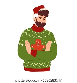 Dissatisfied man in festive ugly sweater and red Christmas hat. Male in green garish Christmas sweater folded his arms across his chest Vector male character in winter clothes with traditional print