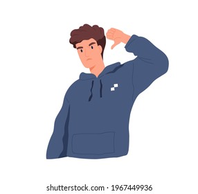 Dissatisfied man gesturing with thumb down, showing negative attitude with dislike sign. Mute feedback and non-verbal communication. Colored flat vector illustration isolated on white background