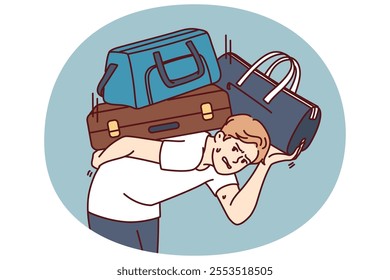 Dissatisfied man with heavy suitcases is moving or relocating to new city. Guy in casual clothes bends over putting suitcases on back and looks at screen in need of help from loader