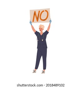 Dissatisfied Man Medical Worker Protesting Holding Placard Defending His Rights Vector Illustration